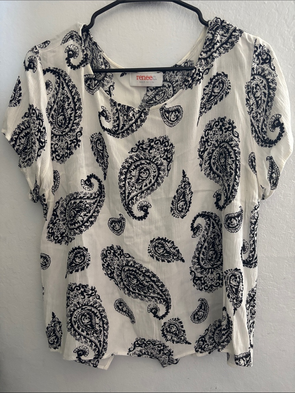 Renee C. Black Paisley Short Sleeve Blouse on White